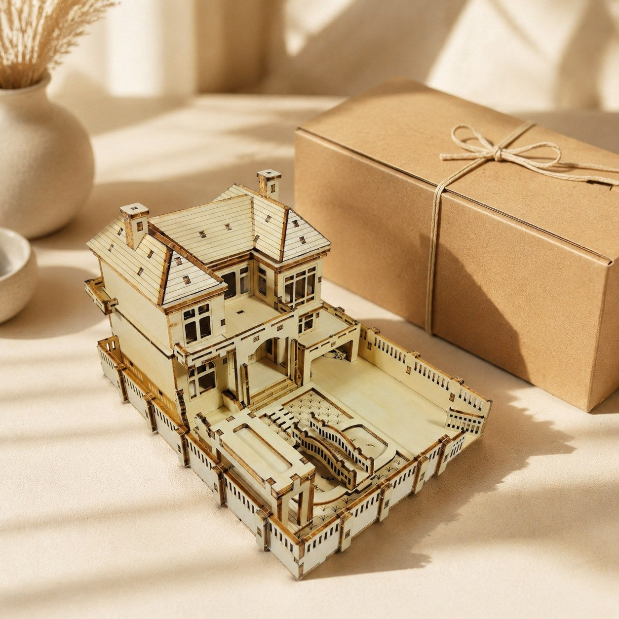 Wooden villa 3D puzzle next to a gift box
