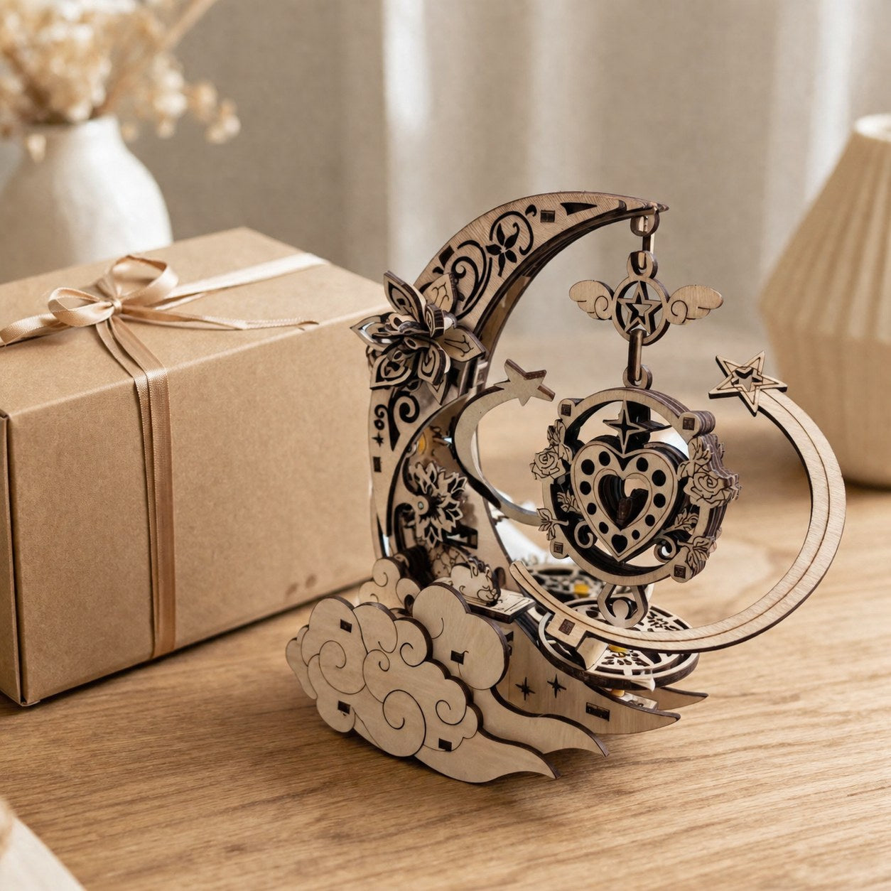 Celestial wooden puzzle displayed as a gift