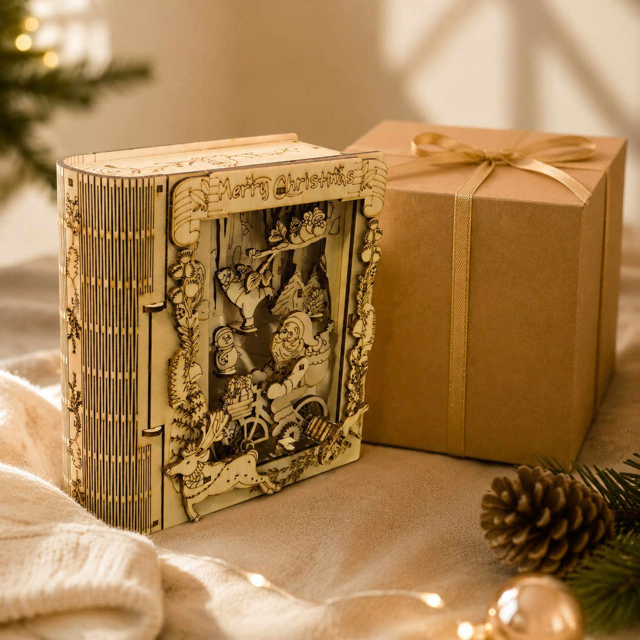 Wooden Christmas book puzzle displayed as a holiday gift