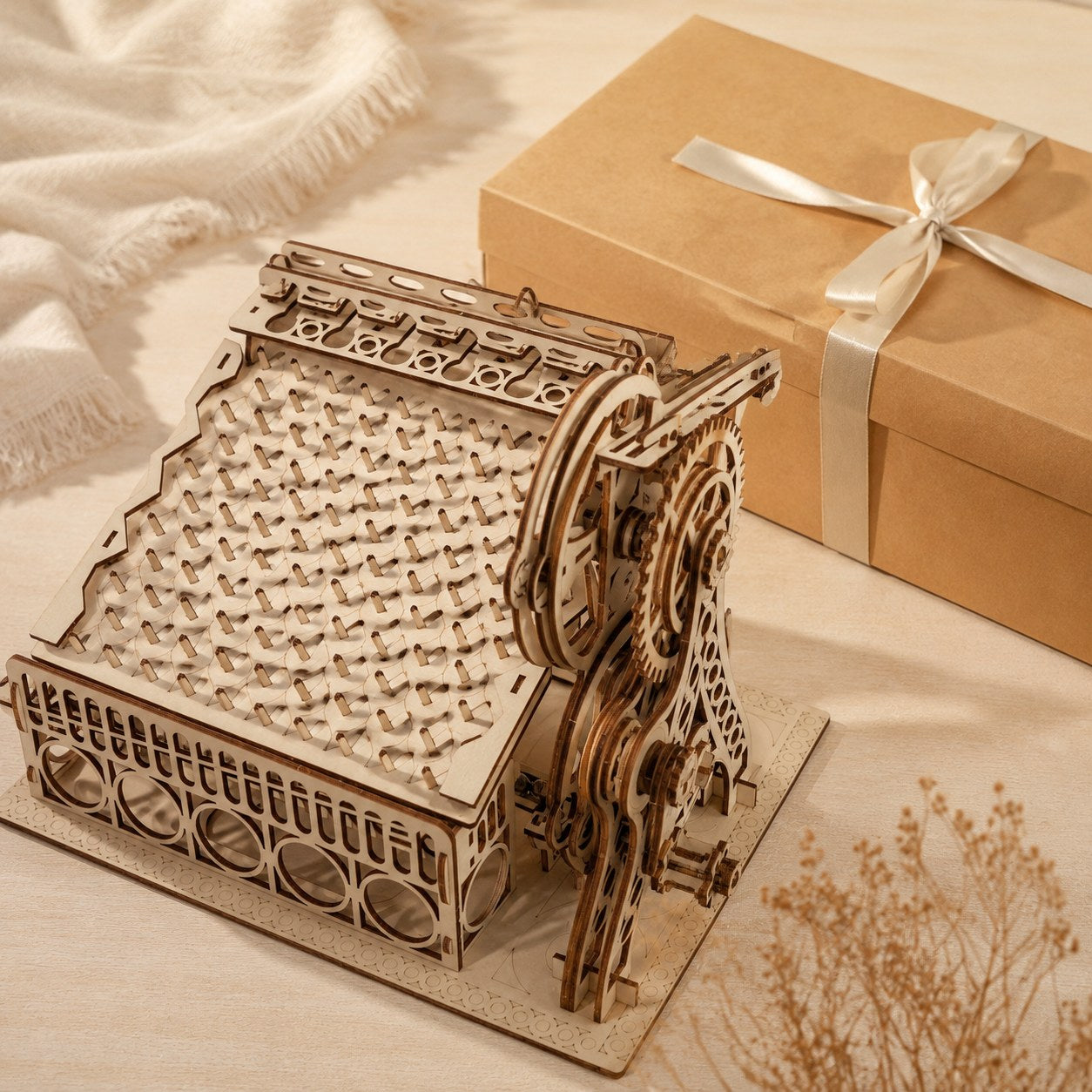 Kinetic wooden model kit displayed as a gift