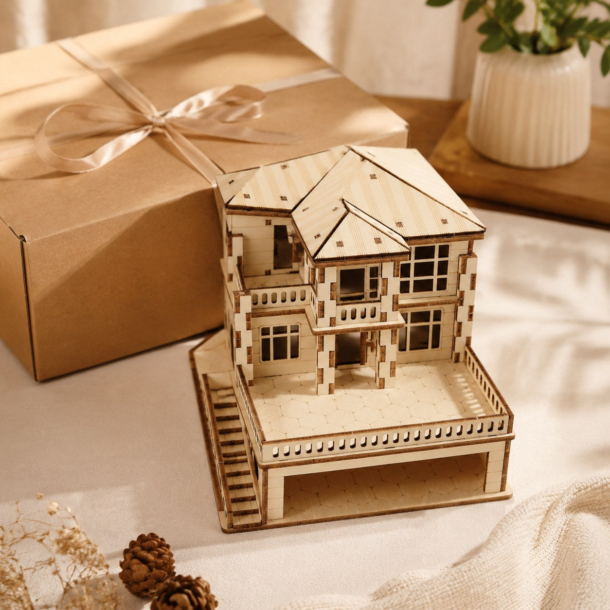 Modern Villa 3D wooden puzzle displayed next to a gift box