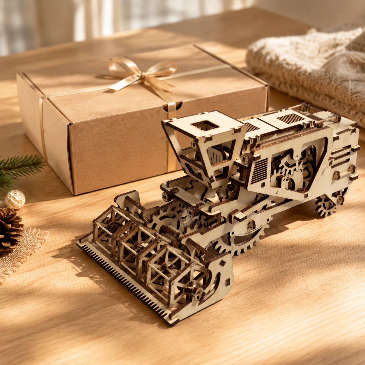 Mechanical Combine Harvester 3D Wooden Puzzle next to a gift box