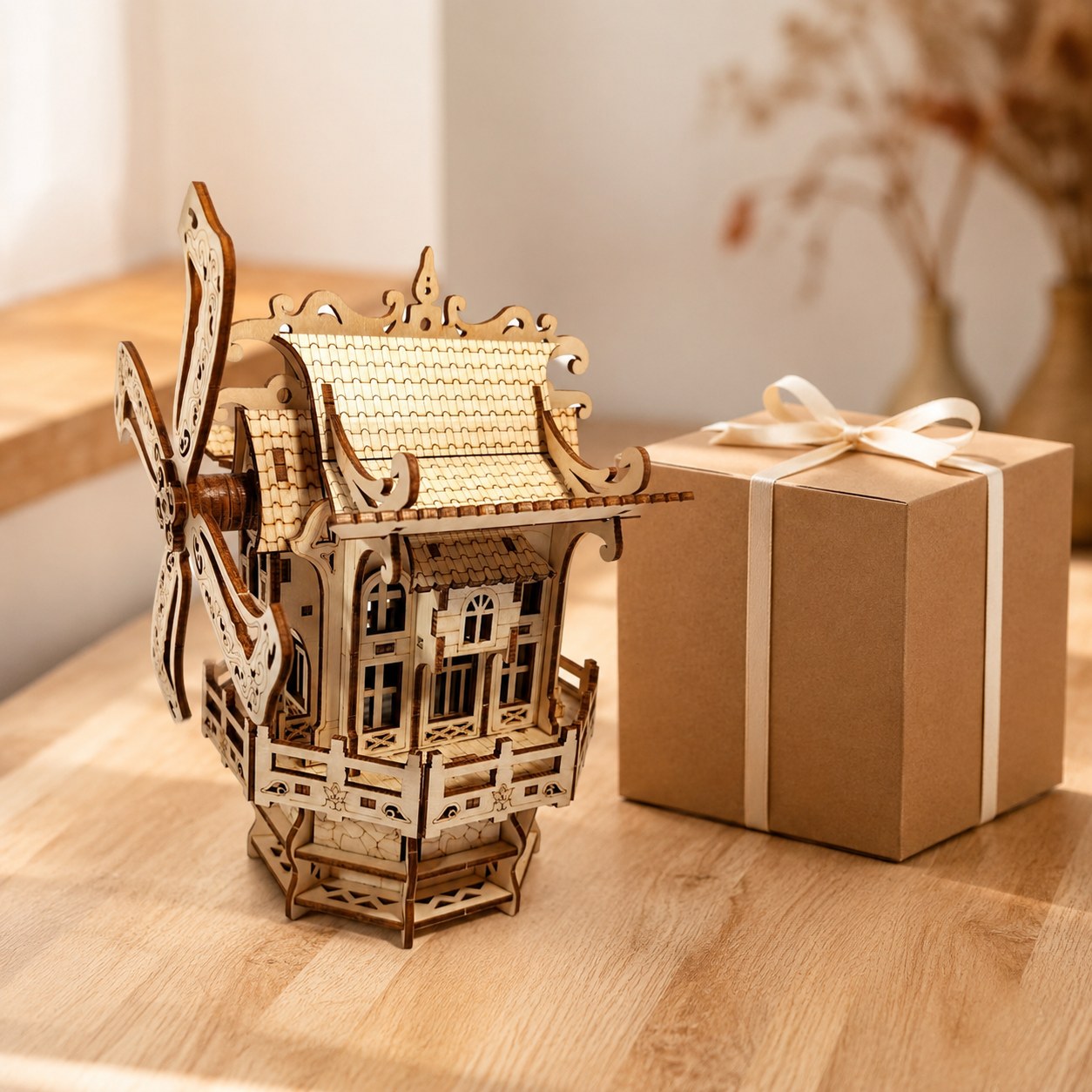 Windmill 3D wooden puzzle displayed as a gift