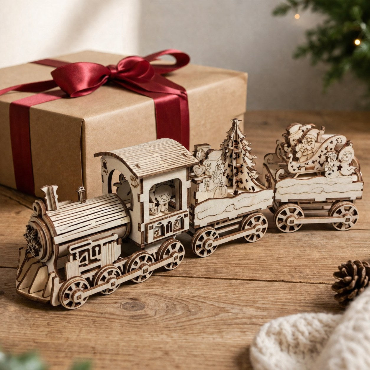 Wooden Christmas train model next to a holiday gift box