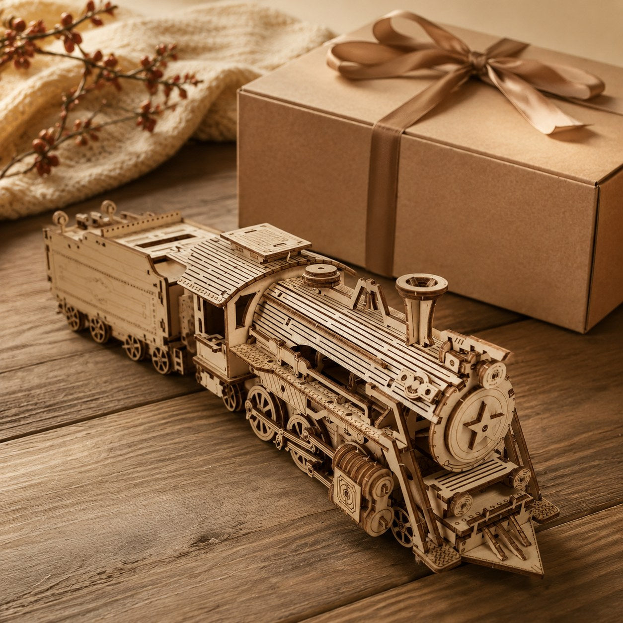 Wooden steam locomotive puzzle displayed next to a gift box.