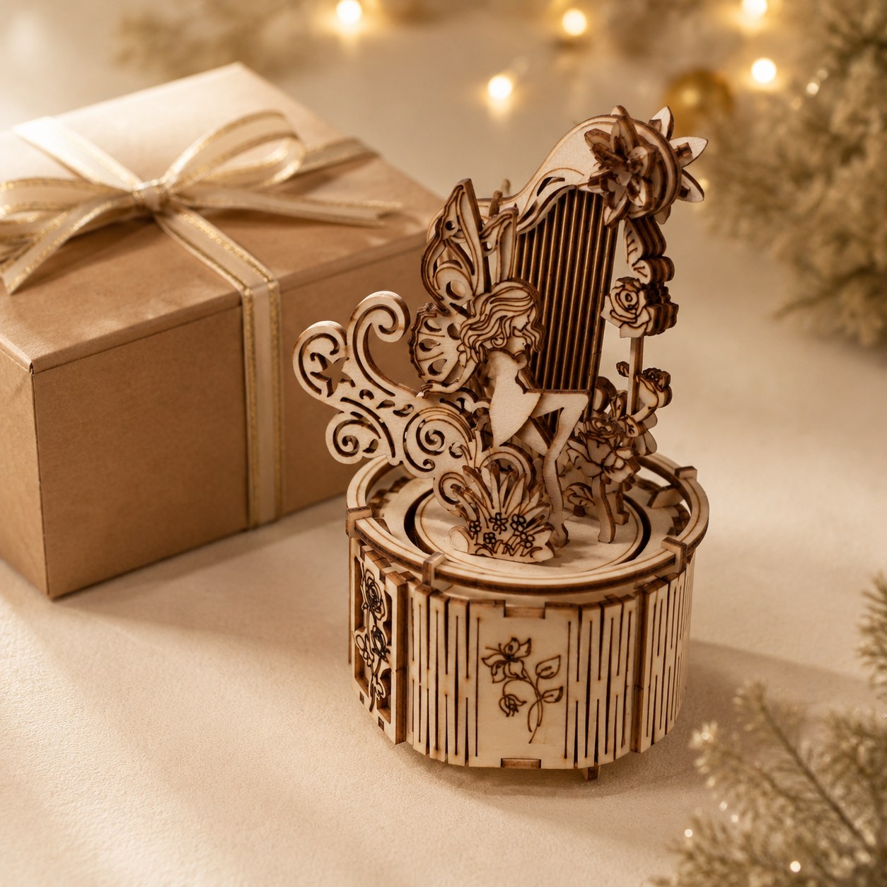 Jigden Fairy Harp 3D Wooden Puzzle next to a gift box