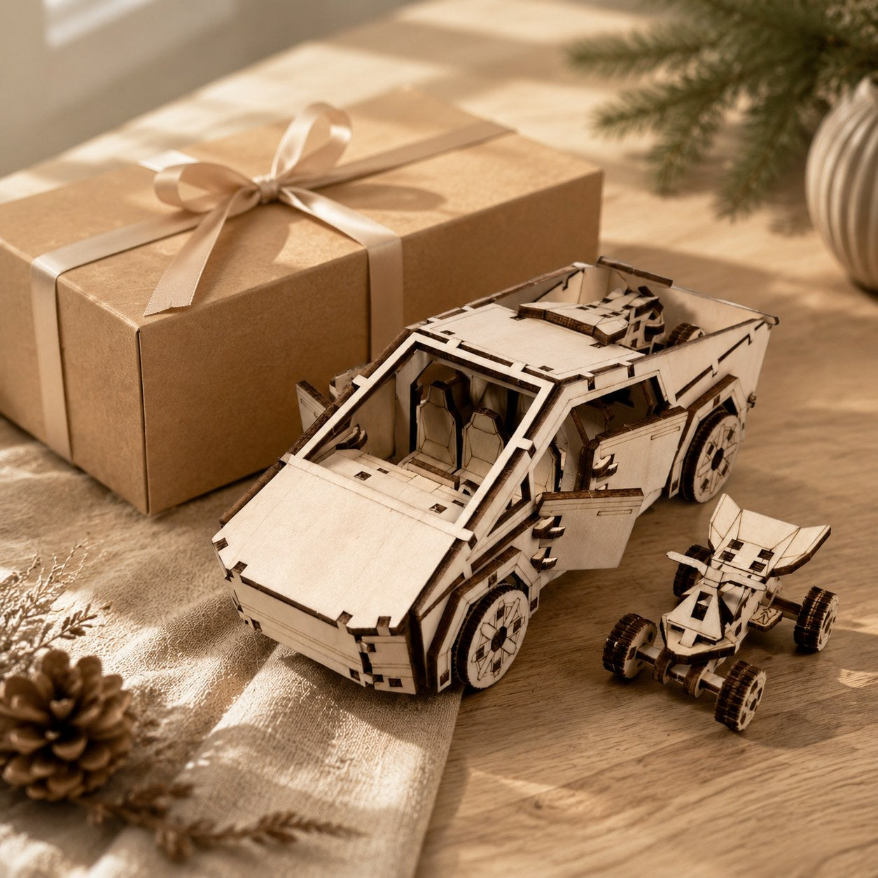 Wooden cyber-style pickup truck model kit next to a gift box