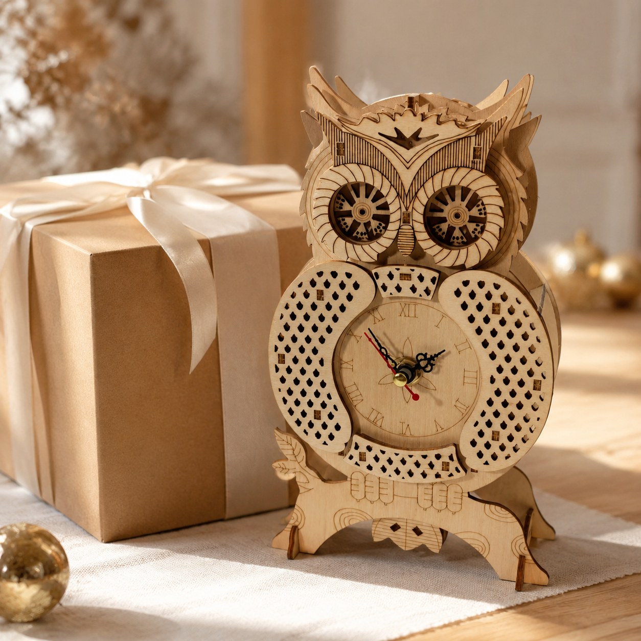 Owl clock 3D wooden puzzle displayed next to a gift box