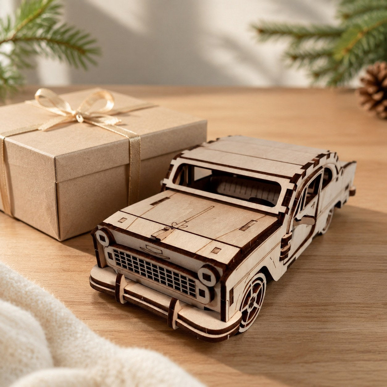 Vintage Sedan 3D Wooden Puzzle displayed next to a gift box