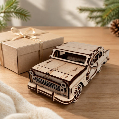 Vintage Sedan 3D Wooden Puzzle displayed next to a gift box