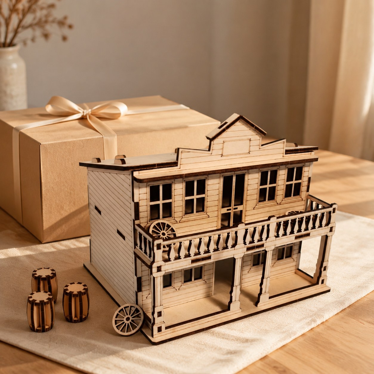 Wild West Saloon wooden model displayed next to a wrapped gift box