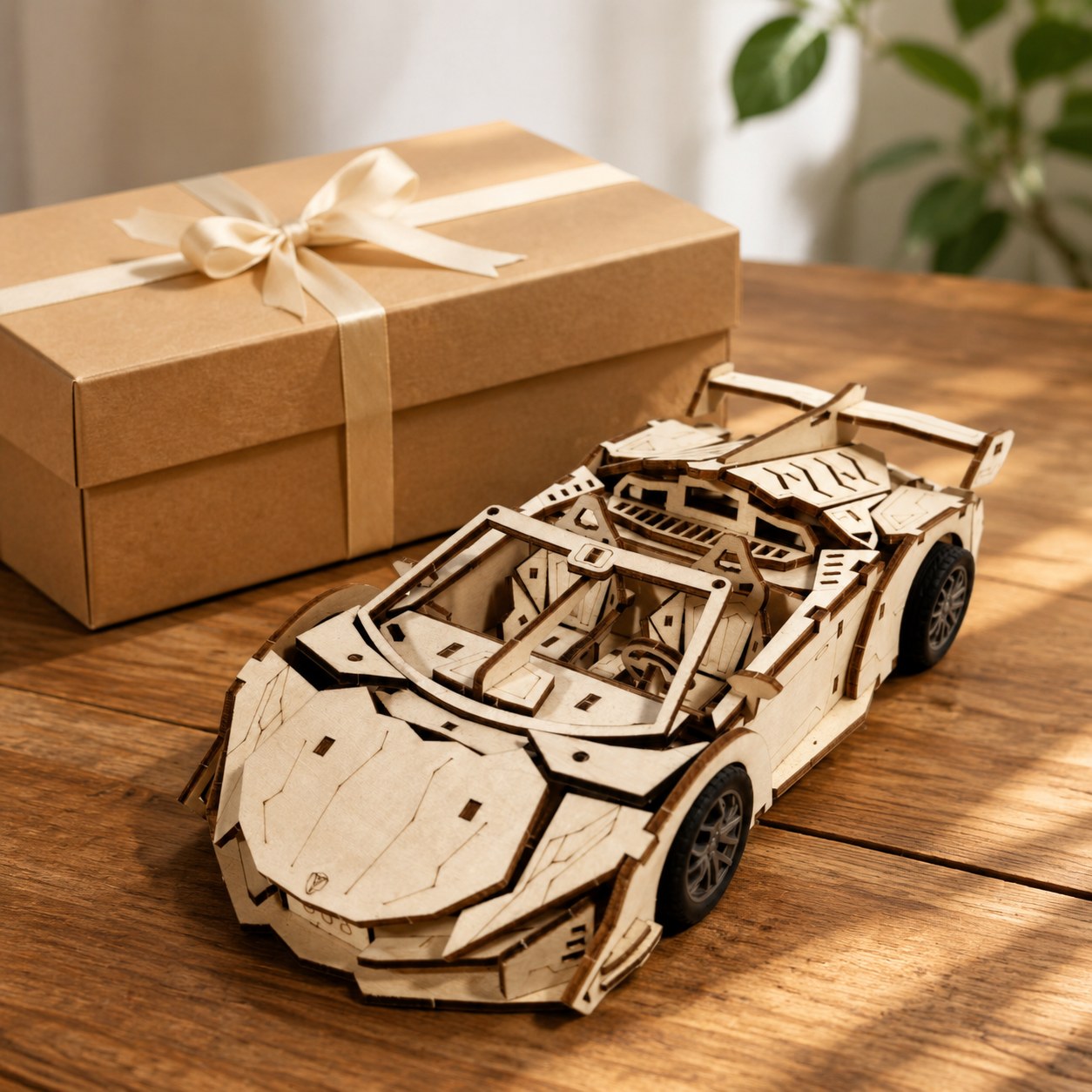 Wooden supercar model kit displayed next to a gift box