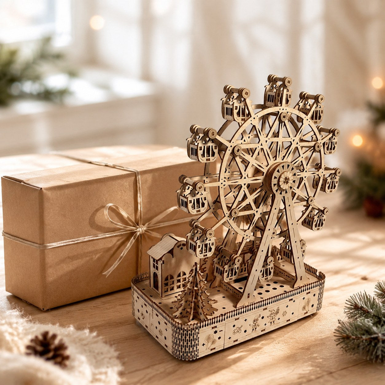 Winter Ferris Wheel 3D Wooden Puzzle displayed as a festive gift