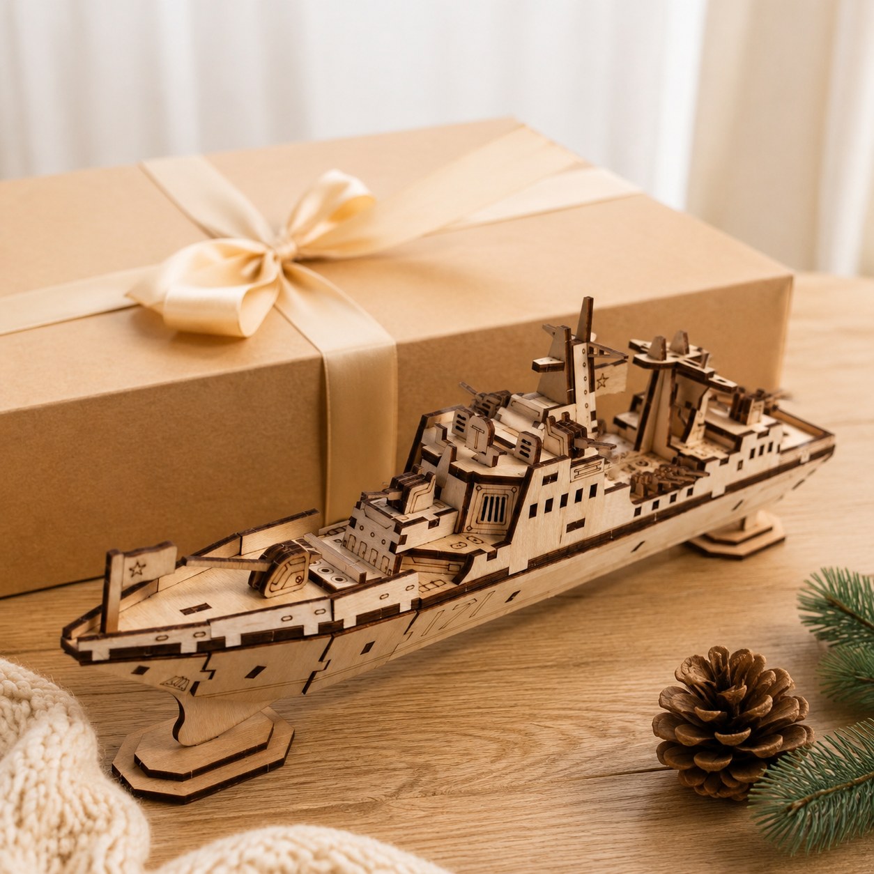 Completed wooden warship model displayed next to a wrapped gift box