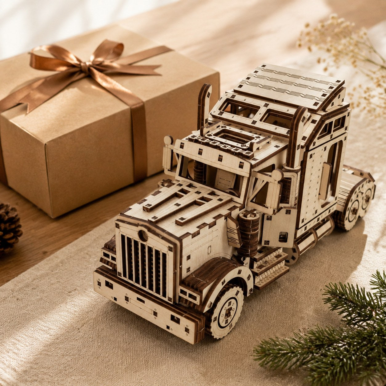 Finished wooden semi-truck model displayed next to a wrapped gift box