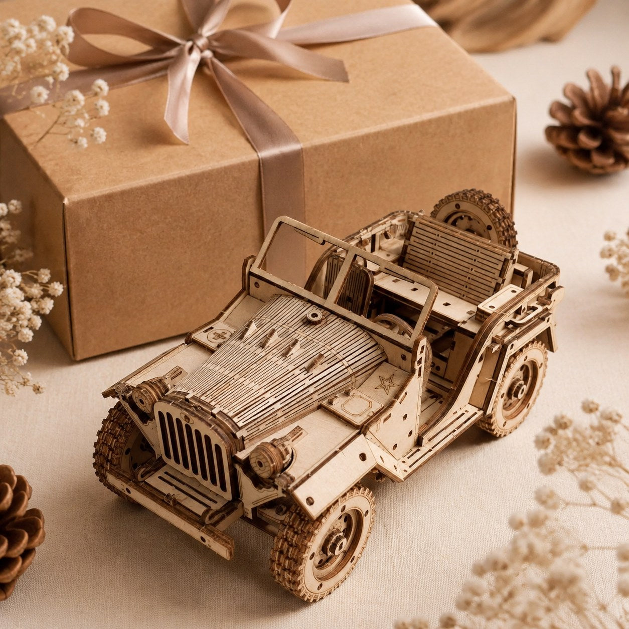 Vintage off-road vehicle 3D wooden puzzle displayed next to a kraft gift box.