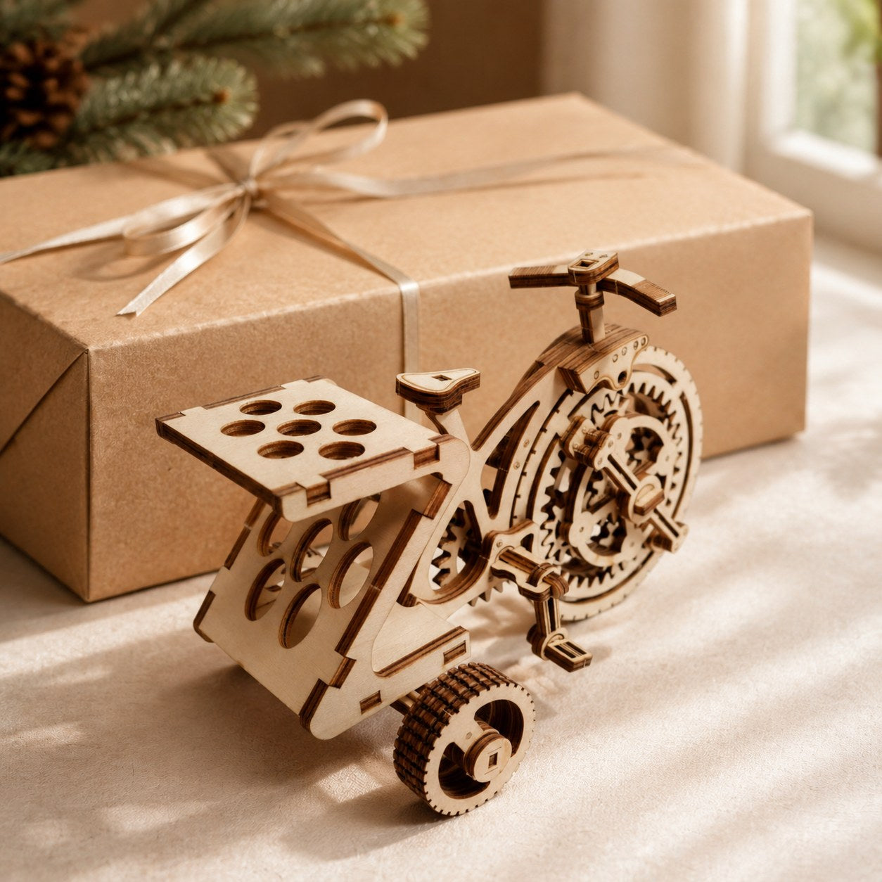 Wooden tricycle model next to a wrapped gift box