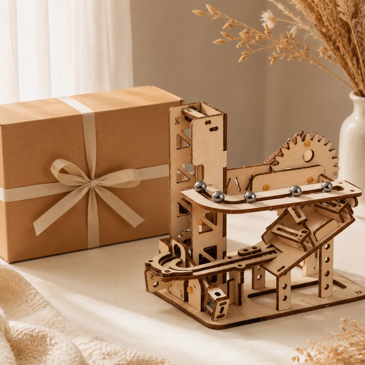 Finished wooden marble run next to a kraft gift box
