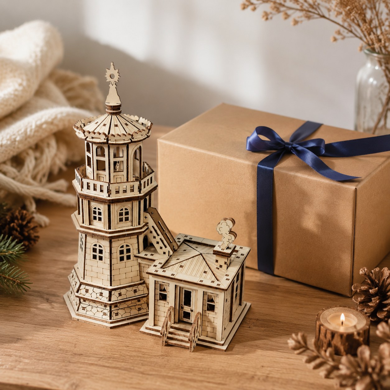 Coastal Lighthouse 3D Wooden Puzzle next to a wrapped gift box