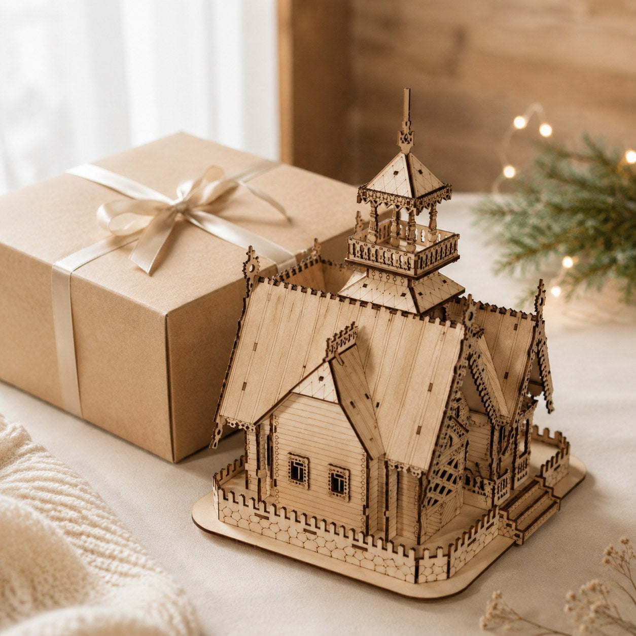Ornate Manor 3D Wooden Puzzle next to a gift box