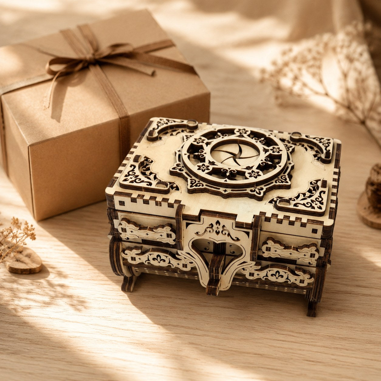 Wooden music jewelry box displayed next to a wrapped gift box