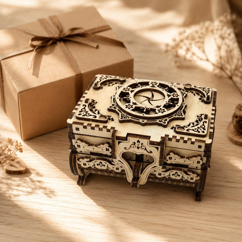 Wooden music jewelry box displayed next to a wrapped gift box