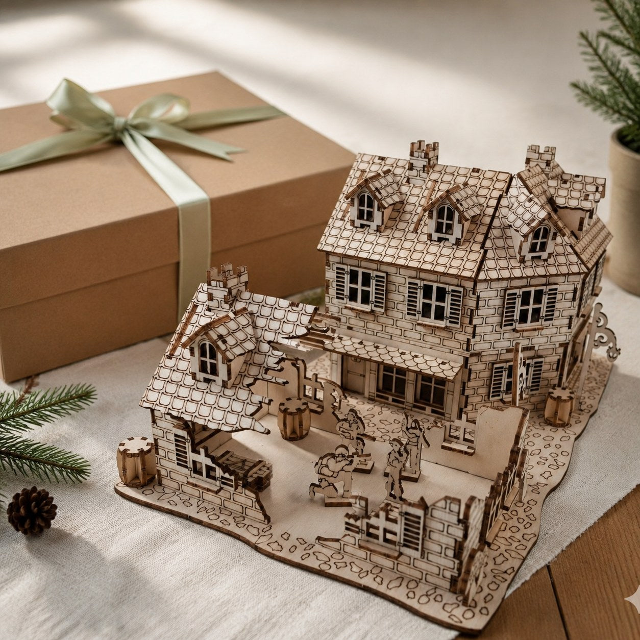 Urban Warfare Diorama wooden model kit next to a gift box