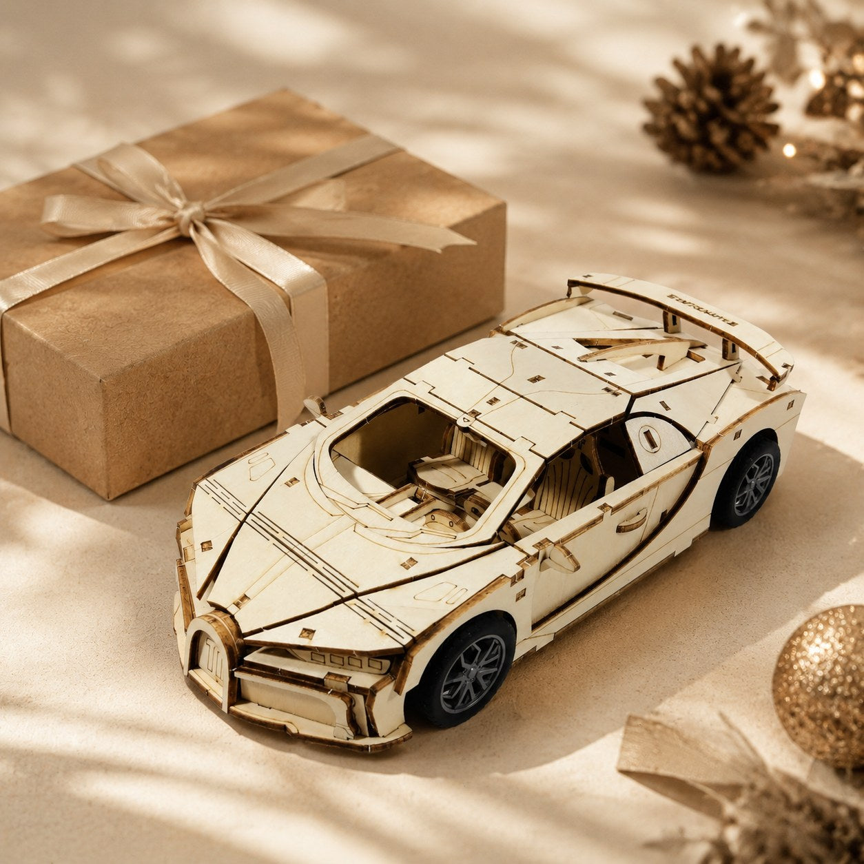 Wooden hypercar model displayed next to a kraft gift box