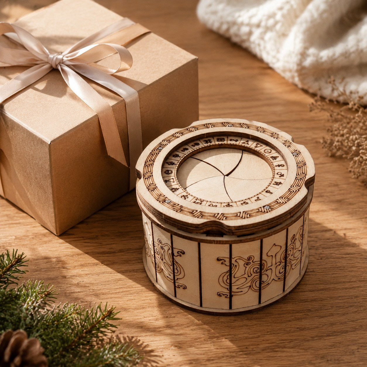 Mechanical Iris 3D Wooden Puzzle Box displayed as a gift