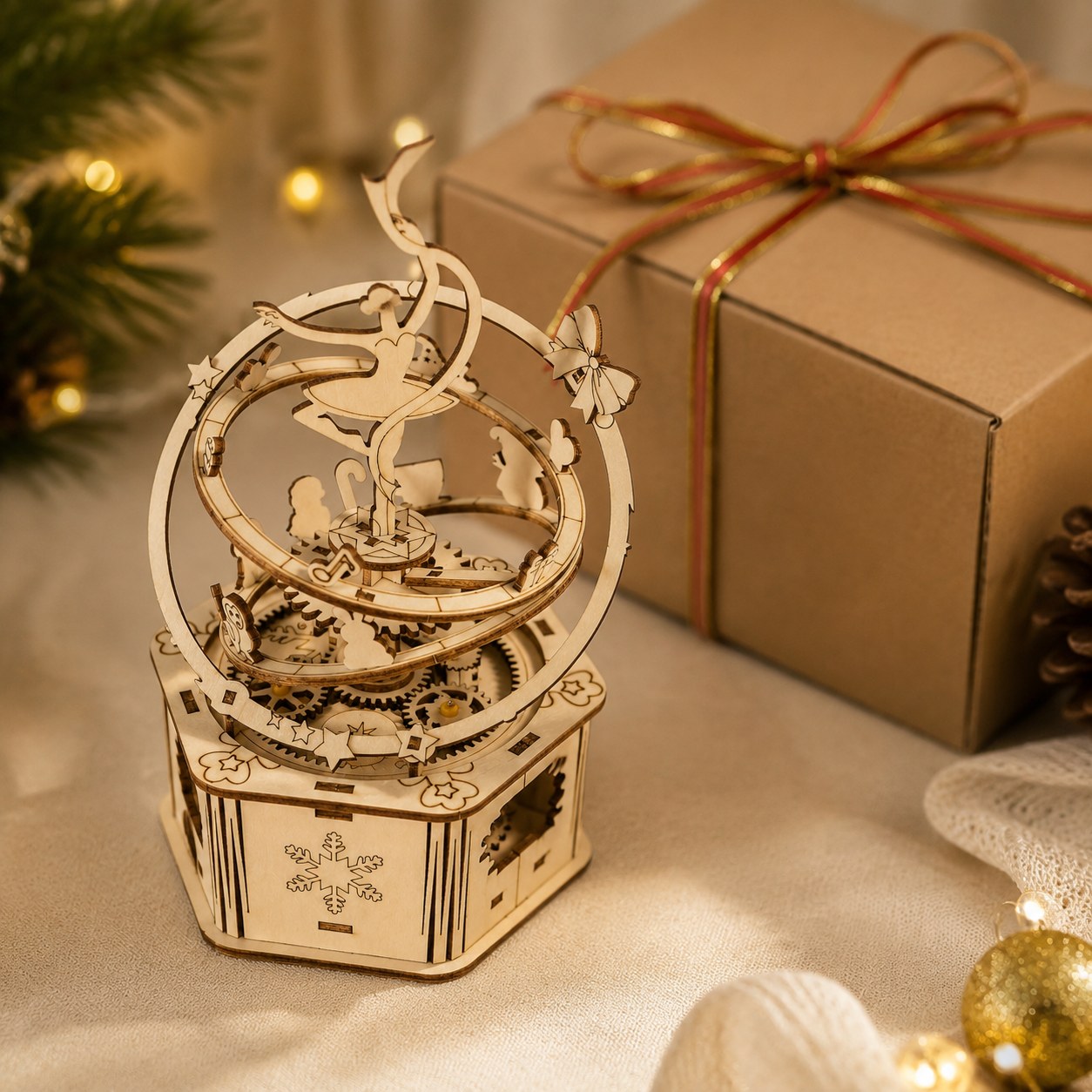 Jigden Orbital Ballerina wooden music box displayed next to a gift box