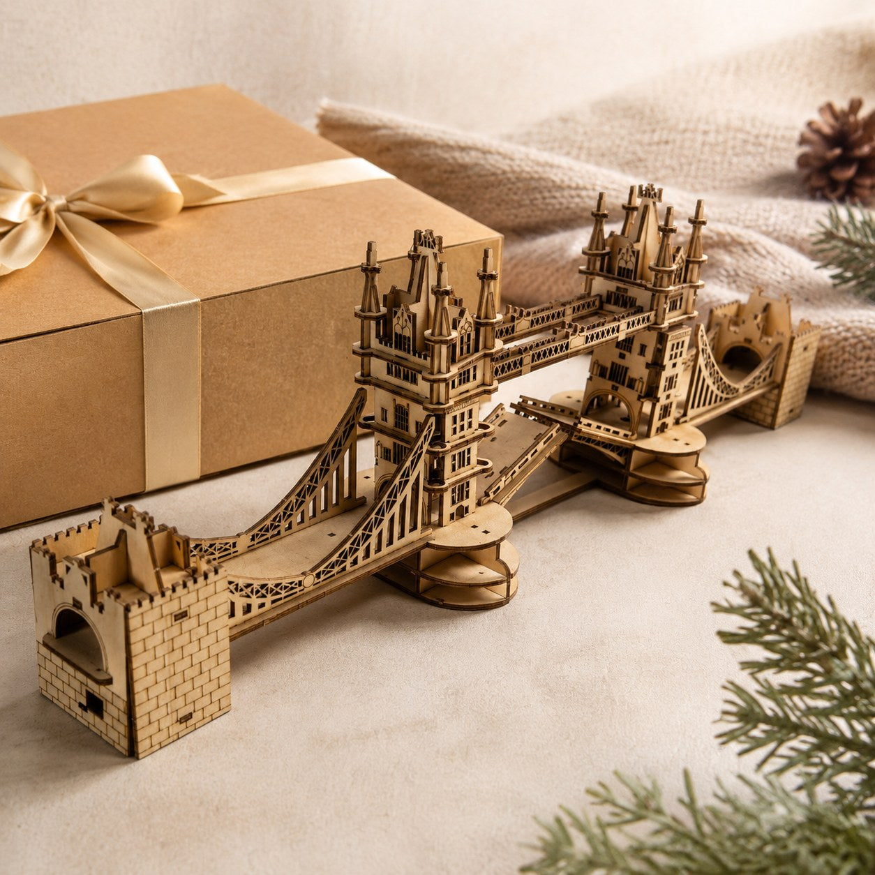 London Tower Bridge 3D wooden puzzle displayed next to a wrapped gift box