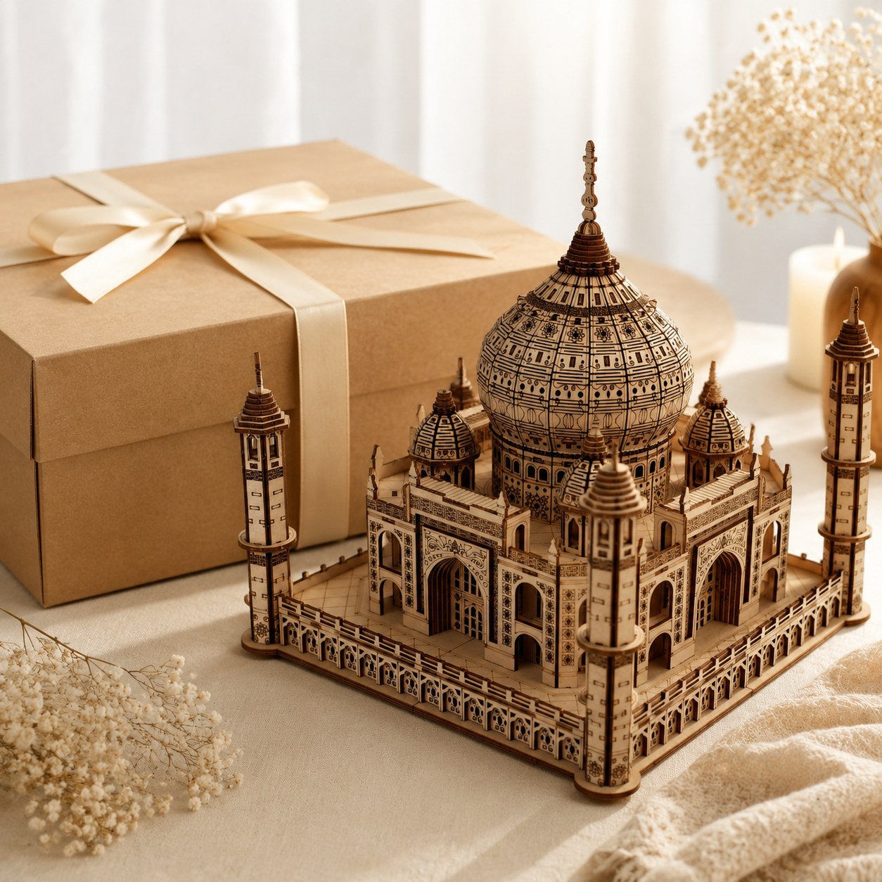 Finished Taj Mahal 3D wooden puzzle displayed next to a minimalist gift box