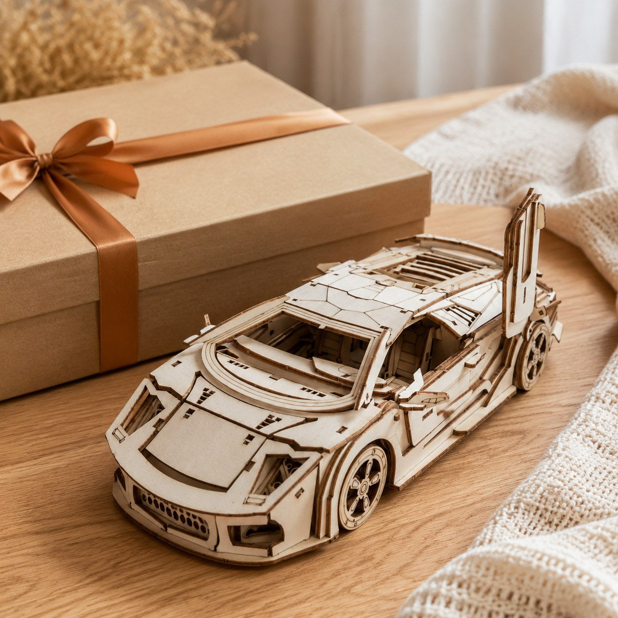 Wooden supercar model displayed next to a gift box