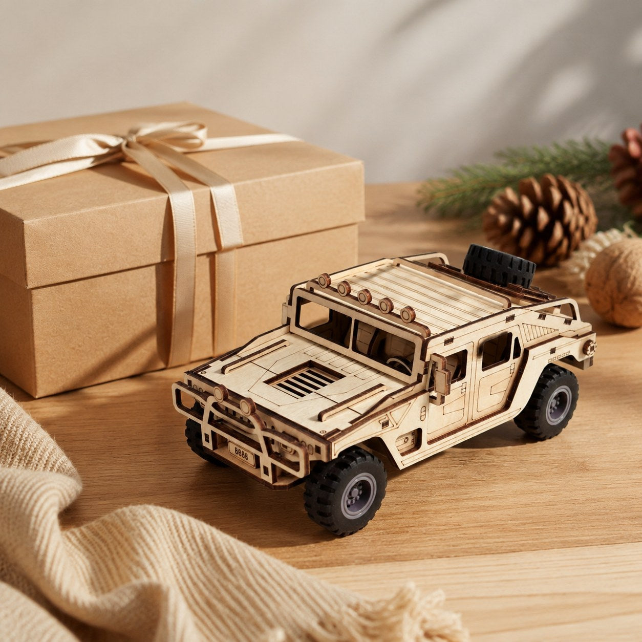 Tactical off-road vehicle wooden puzzle displayed as a gift