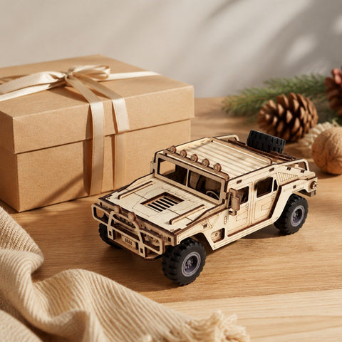 Tactical off-road vehicle wooden puzzle displayed as a gift