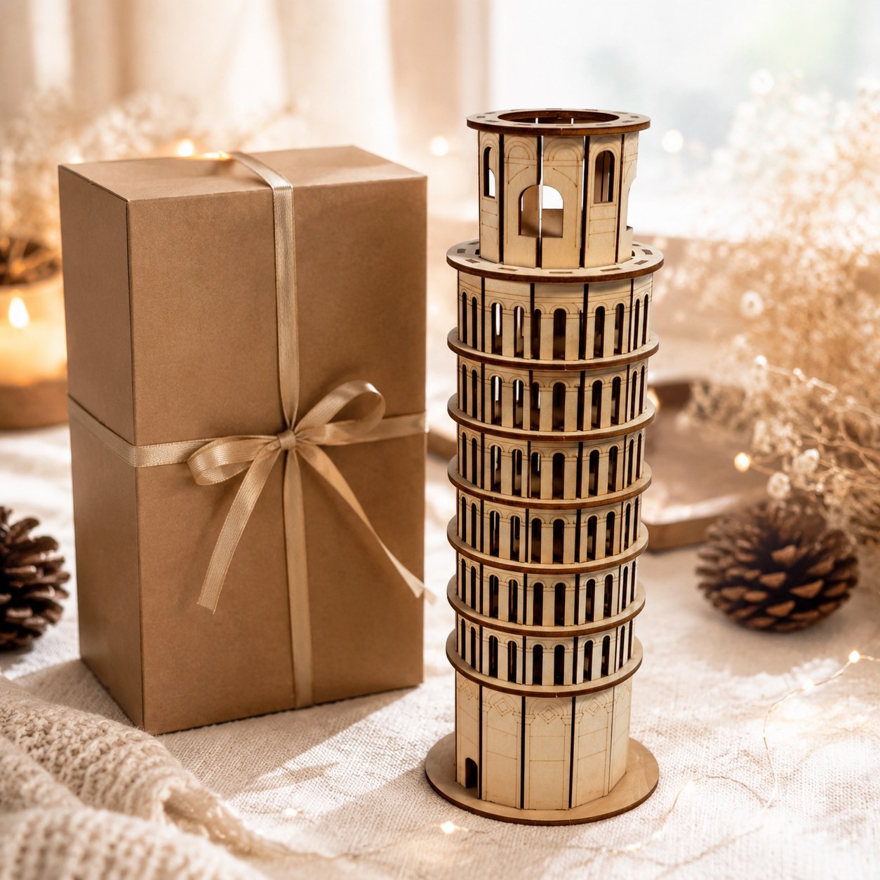 Leaning Tower of Pisa 3D wooden puzzle presented as a gift next to a kraft box