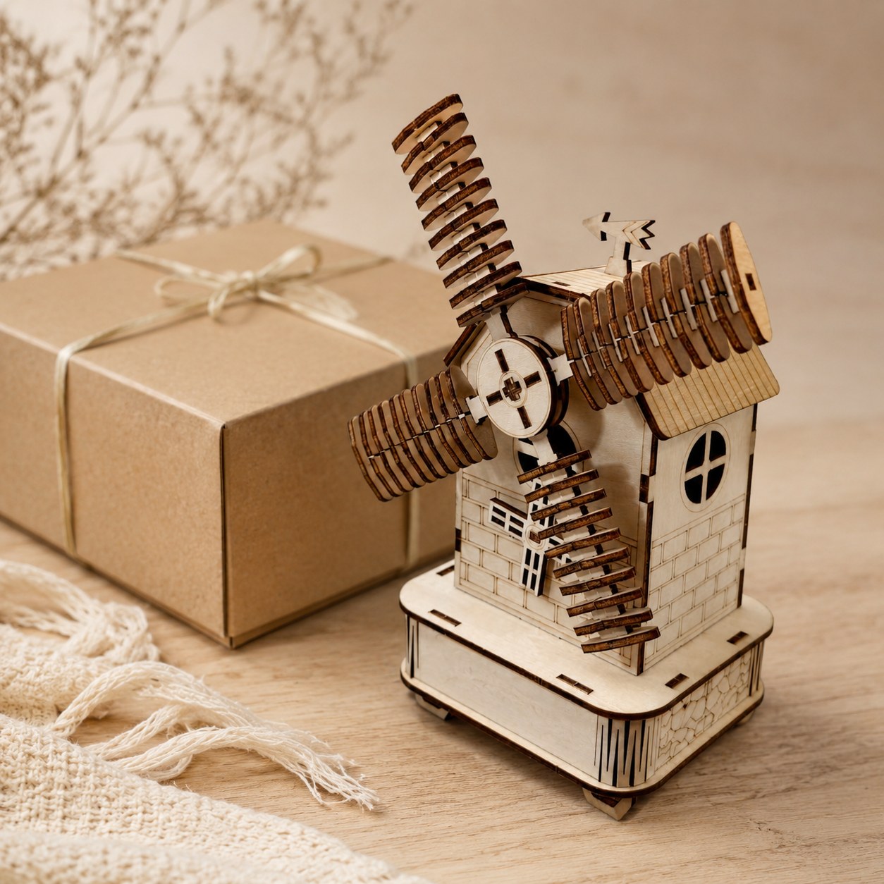 Finished wooden windmill music box displayed next to a wrapped gift box