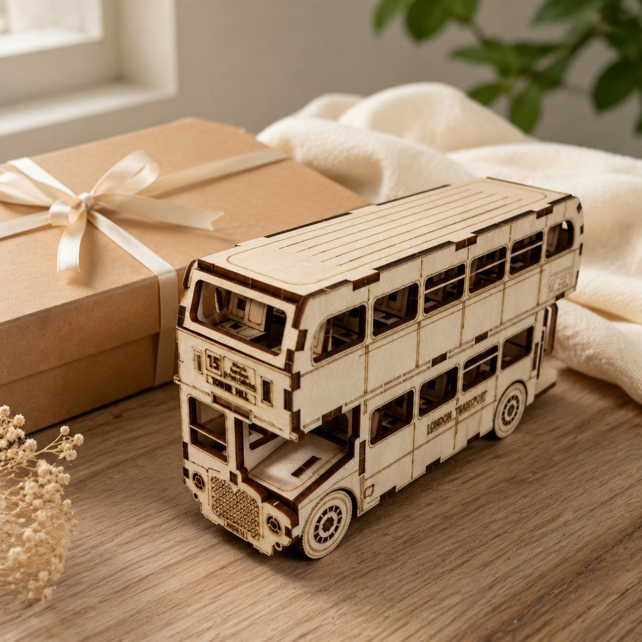 Wooden double-decker bus puzzle next to a gift box