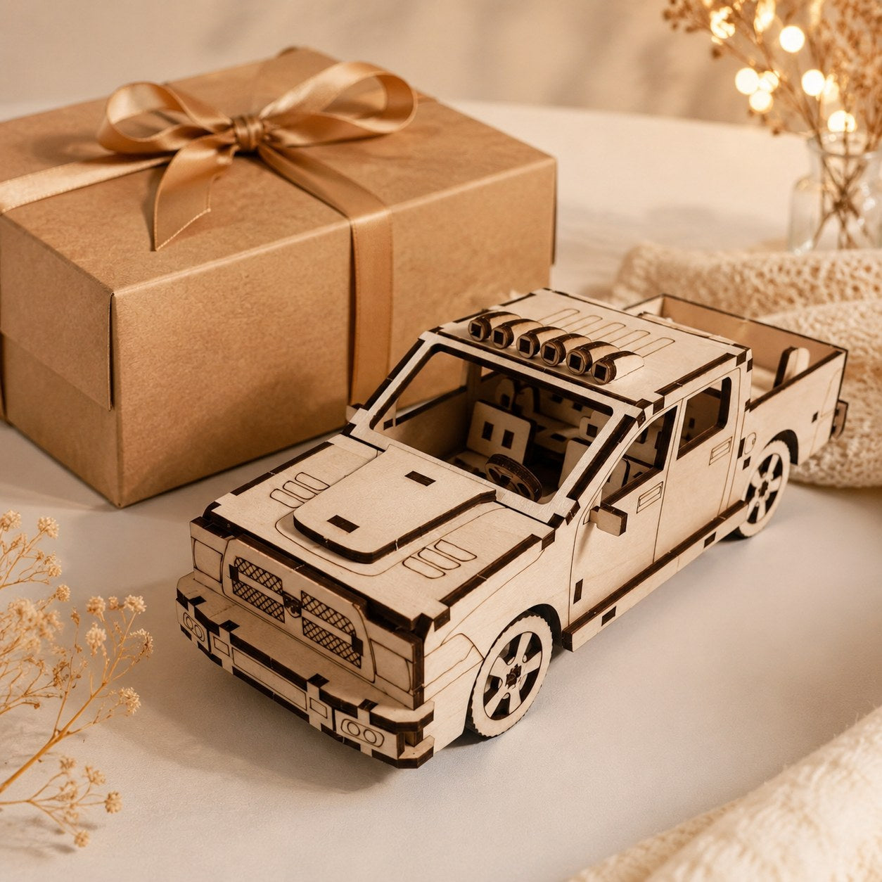 Wooden pickup truck 3D puzzle displayed next to a gift box
