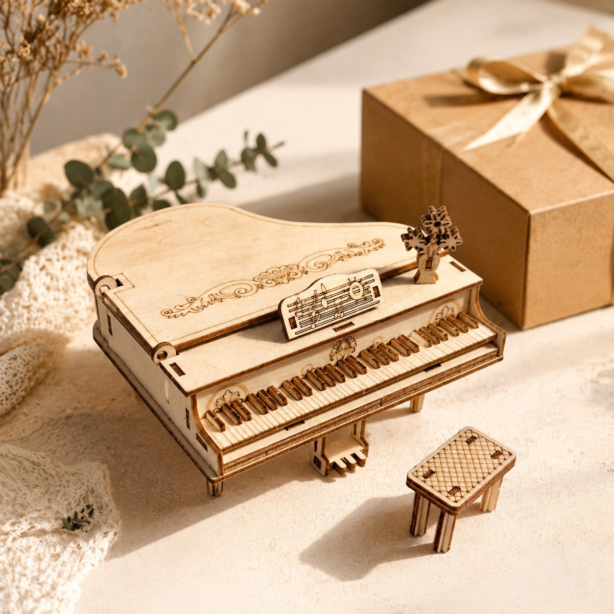 Finished wooden grand piano model displayed next to a wrapped gift box
