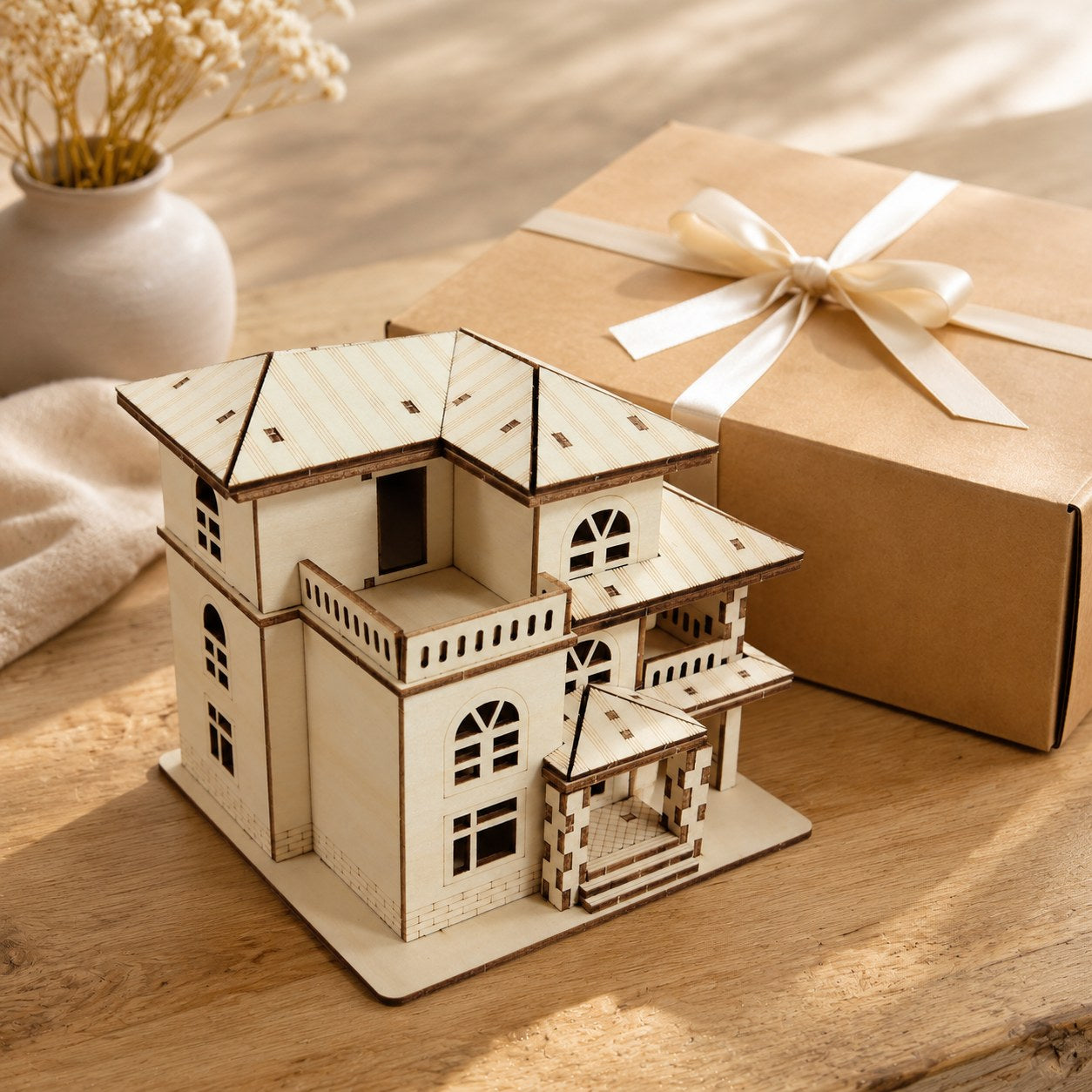 Modern Villa 3D Wooden Puzzle displayed next to a gift box