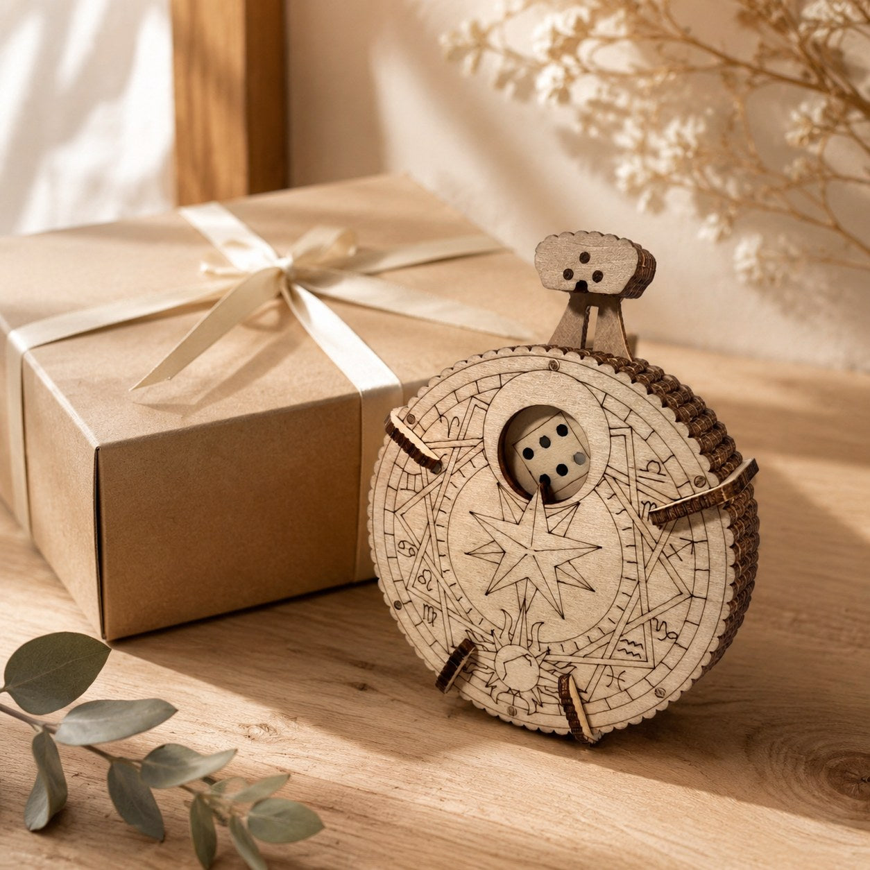 Astrological wooden dice roller next to a gift box