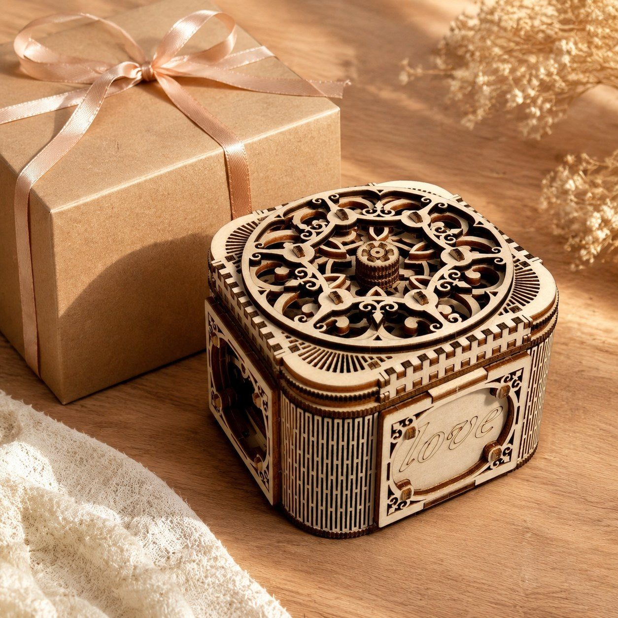 Wooden jewelry box puzzle displayed as a romantic gift