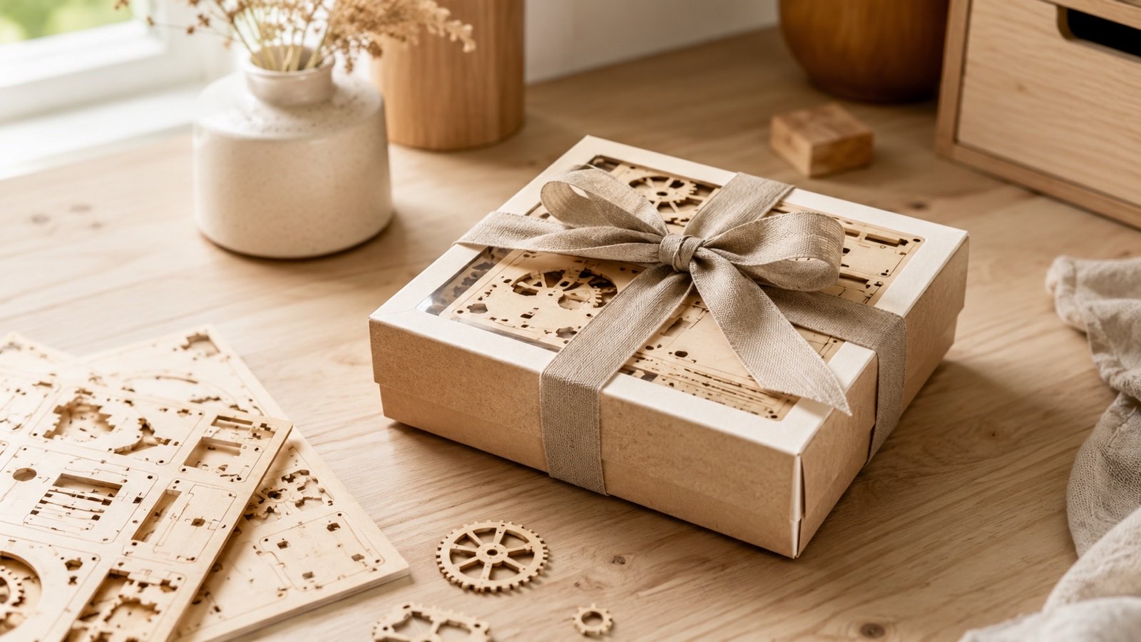 A beautifully wrapped Jigden 3D wooden puzzle box on a clean wooden workbench next to scattered laser-cut birch parts